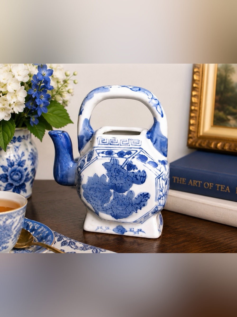 Blue & White Porcelain Teapot Vintage Chinese Style Floral Ceramic Decor